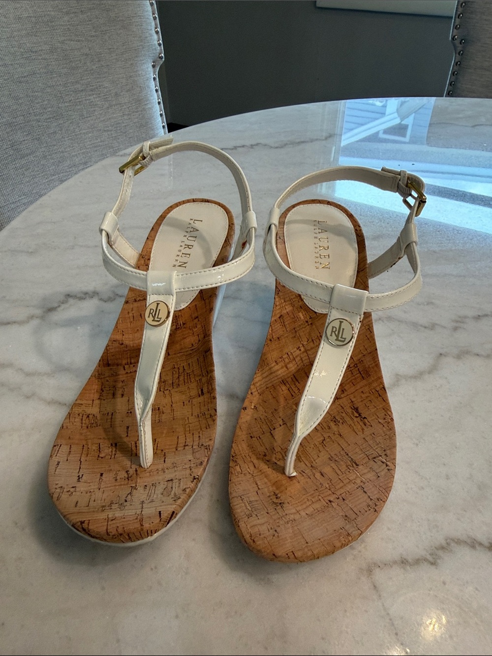 White Lauren Ralph Lauren Reeta thong wedge sandals cork heel, buckle SZ 9